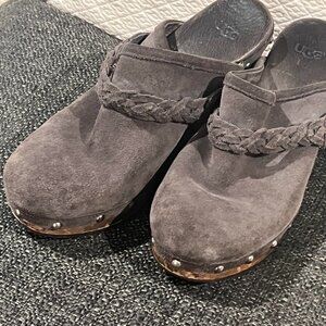 UGG Kaylee Grey Suede Mule Slip On Wooden Clogs Stud Heels Women’s Size 8